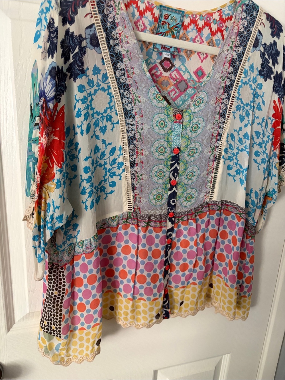 Johnny Was Multicolor Patchwork Boho Blouse - Blue, Pink, Yellow, Red - Picture 5 of 5
